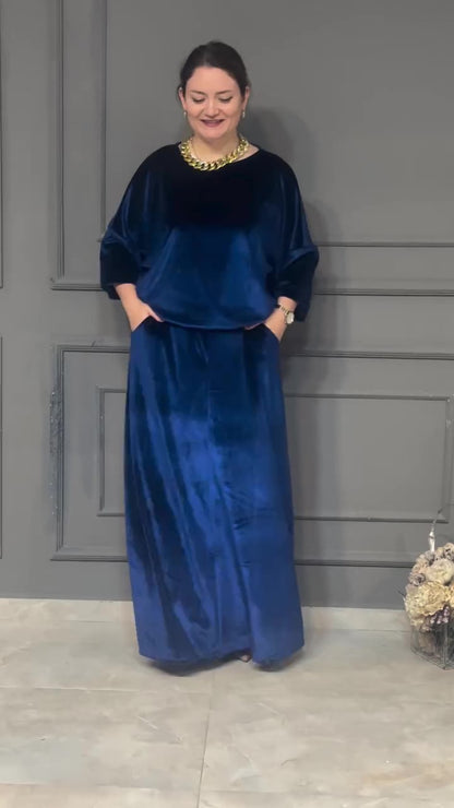 Elegant Navy Blue Velvet Two-Piece Ensemble