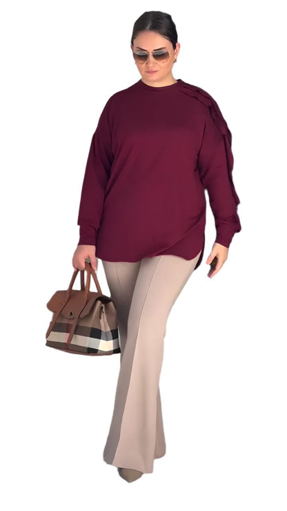 Burgundy Long-Sleeve Top &amp; Light Beige Flared Pants Set