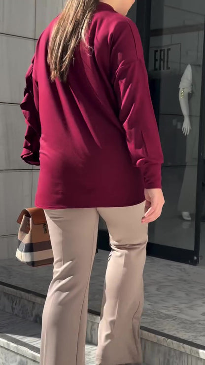 Burgundy Long-Sleeve Top &amp; Light Beige Flared Pants Set