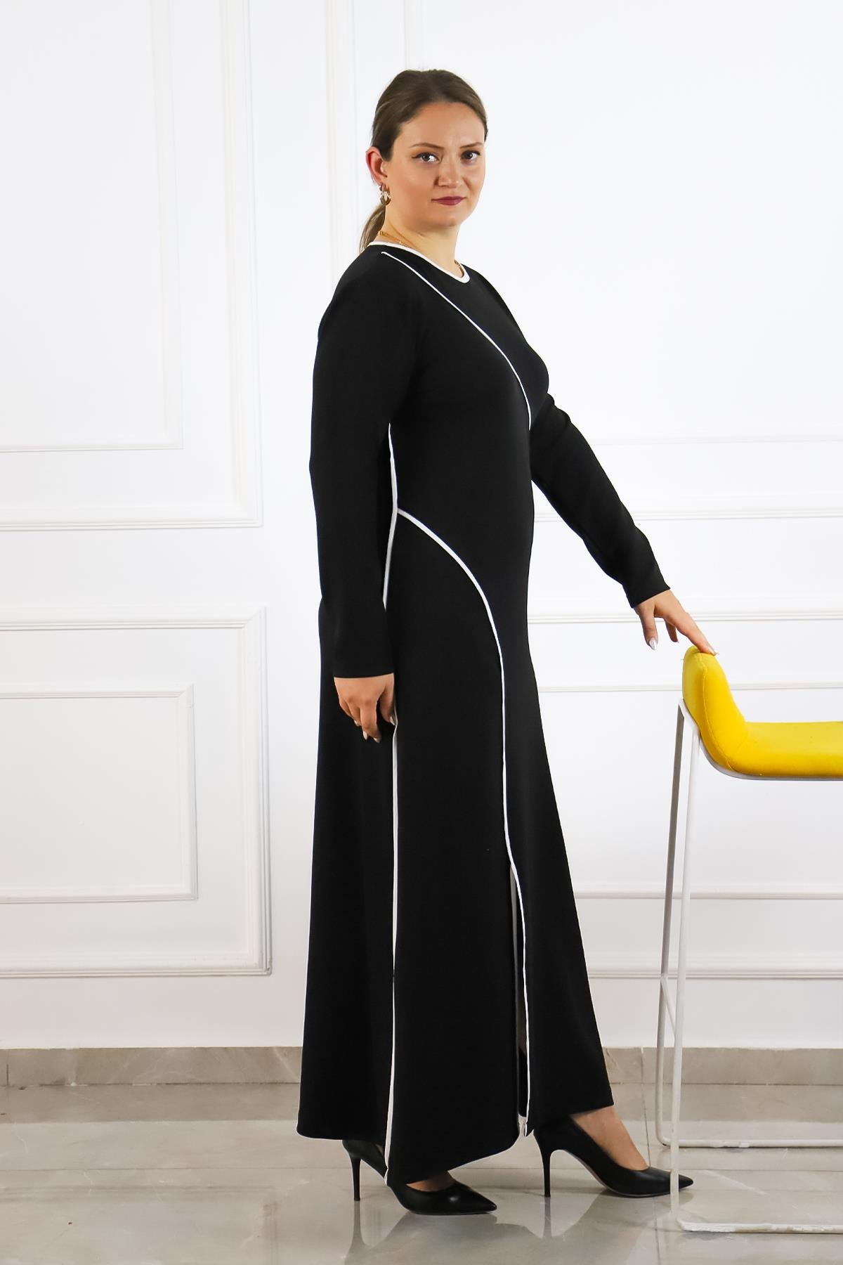 Sleek Black Maxi Dress with White Accents