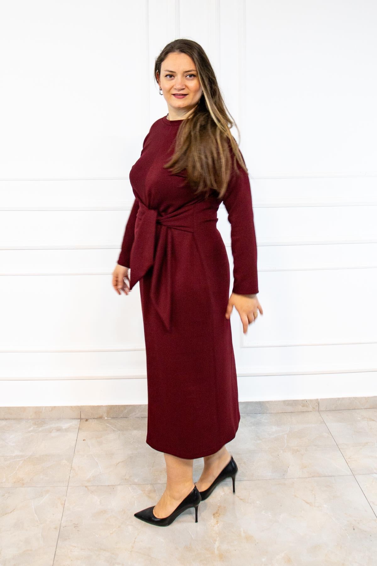 Burgundy Knotted Long Sleeve Dress