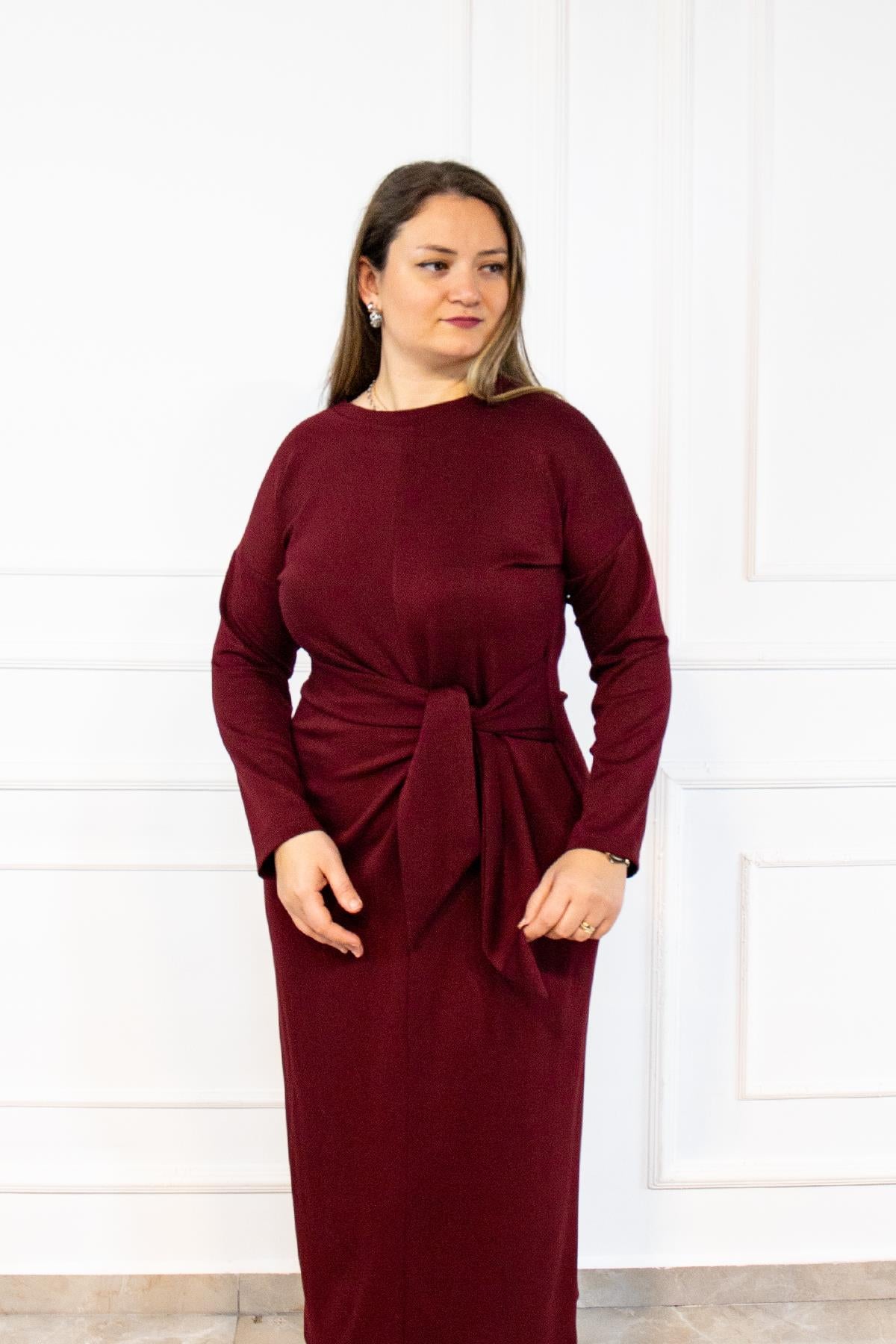 Burgundy Knotted Long Sleeve Dress